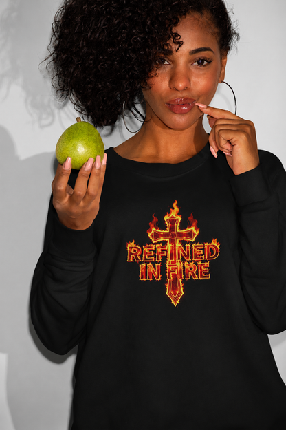 Woman wearing a black sweatshirt with 'Refined in Fire' design, holding a green apple.