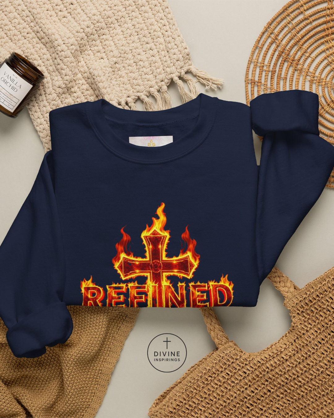 Navy blue sweatshirt with a fiery cross design and 'REFINED' text on a textured surface.