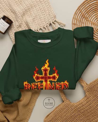 Green sweatshirt with a fiery cross design and 'REFINED' text on a textured surface.