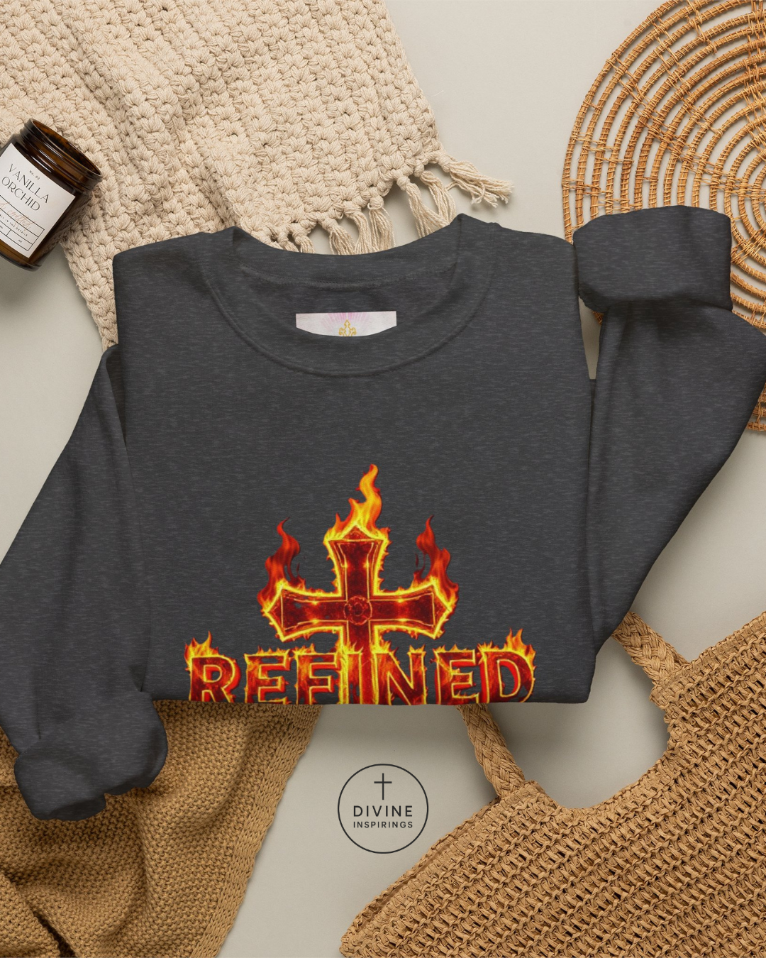 Dark gray sweatshirt with fiery cross design and 'REFINED' text on a textured surface.