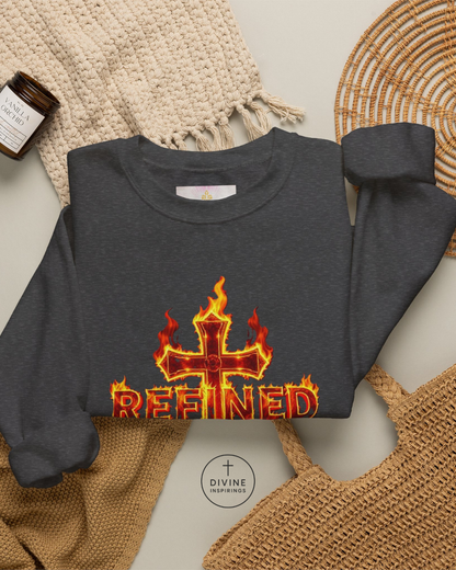 Dark gray sweatshirt with fiery cross design and 'REFINED' text on a textured surface.