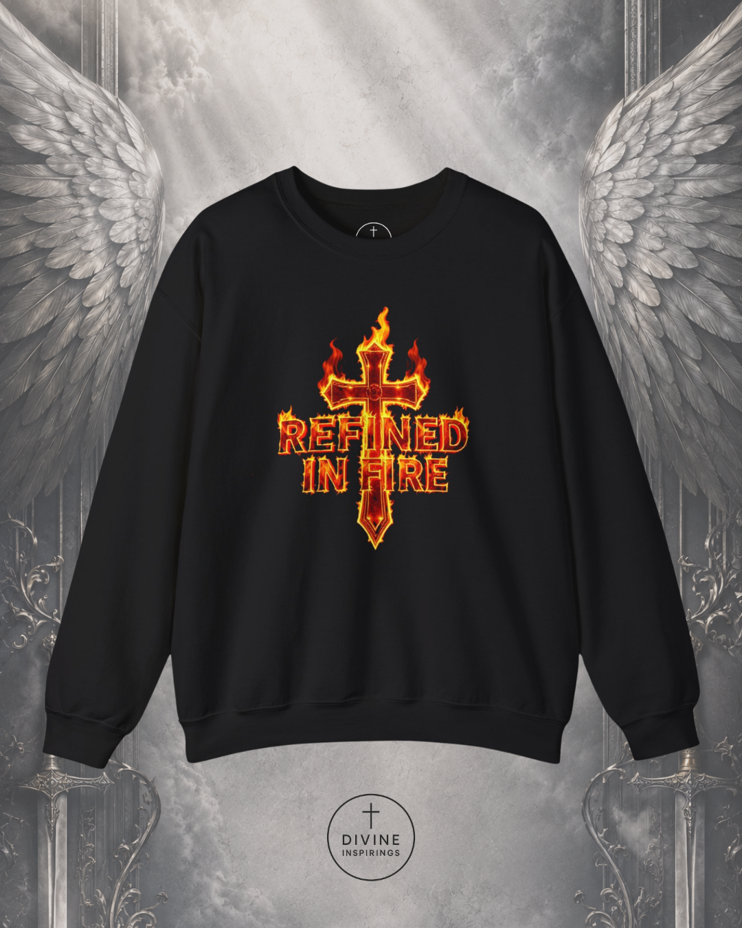 Black sweatshirt with 'Refined in Fire' design on a background with wings and a sword.