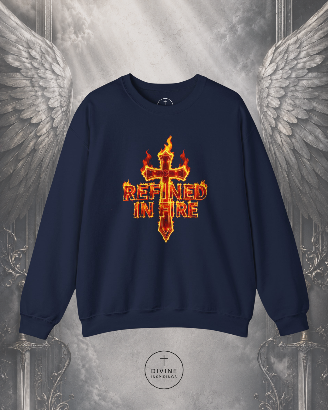 Navy blue sweatshirt with 'Refined in Fire' design on a metallic background