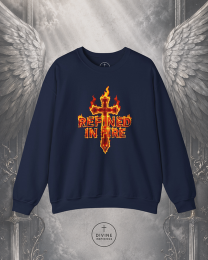 Navy blue sweatshirt with 'Refined in Fire' design on a metallic background
