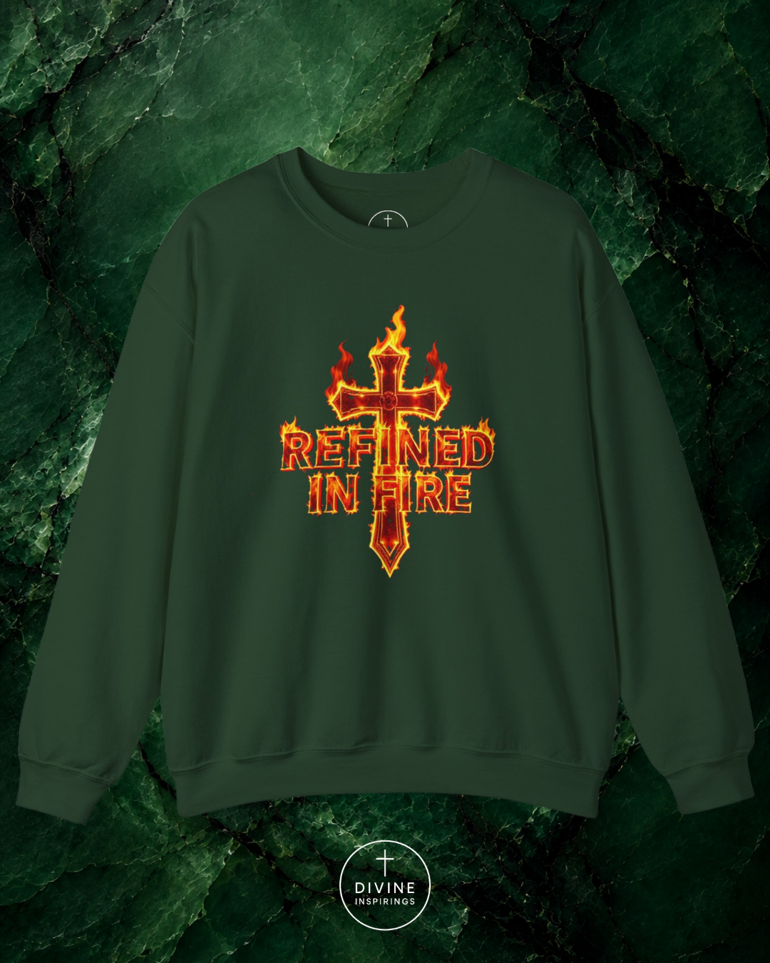 Green sweatshirt with a fiery cross design and 'Refined in Fire' text on a green leafy background.