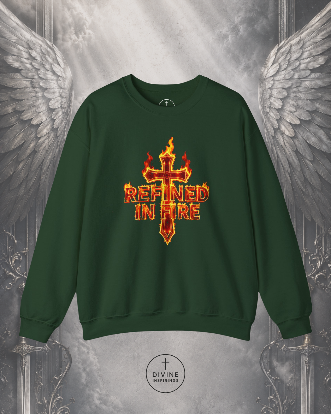 Green sweatshirt with 'Refined in Fire' design on a background with wings and a sword.