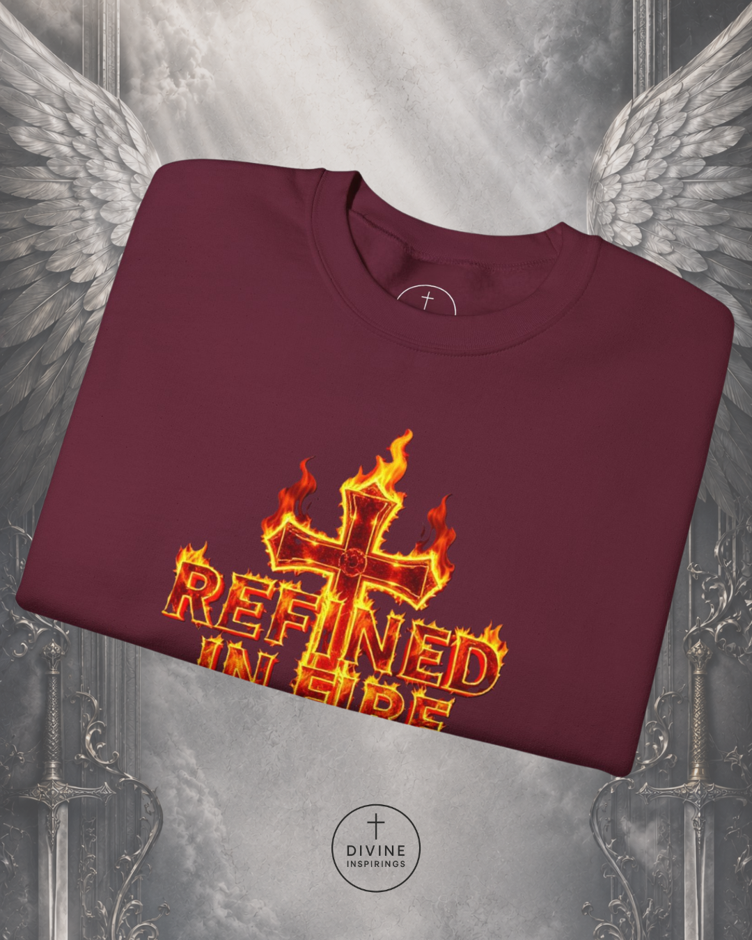 Maroon t-shirt with a fiery cross design and 'Refined in Fire' text on a decorative background.
