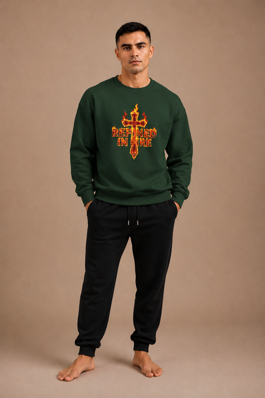 Man wearing a green sweatshirt with a logo on a beige background