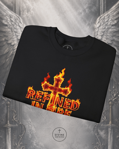 Black t-shirt with fiery cross design and 'Refined in Fire' text on a decorative background