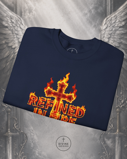 Navy blue t-shirt with fiery cross design and 'Refined in Fire' text on a decorative background.