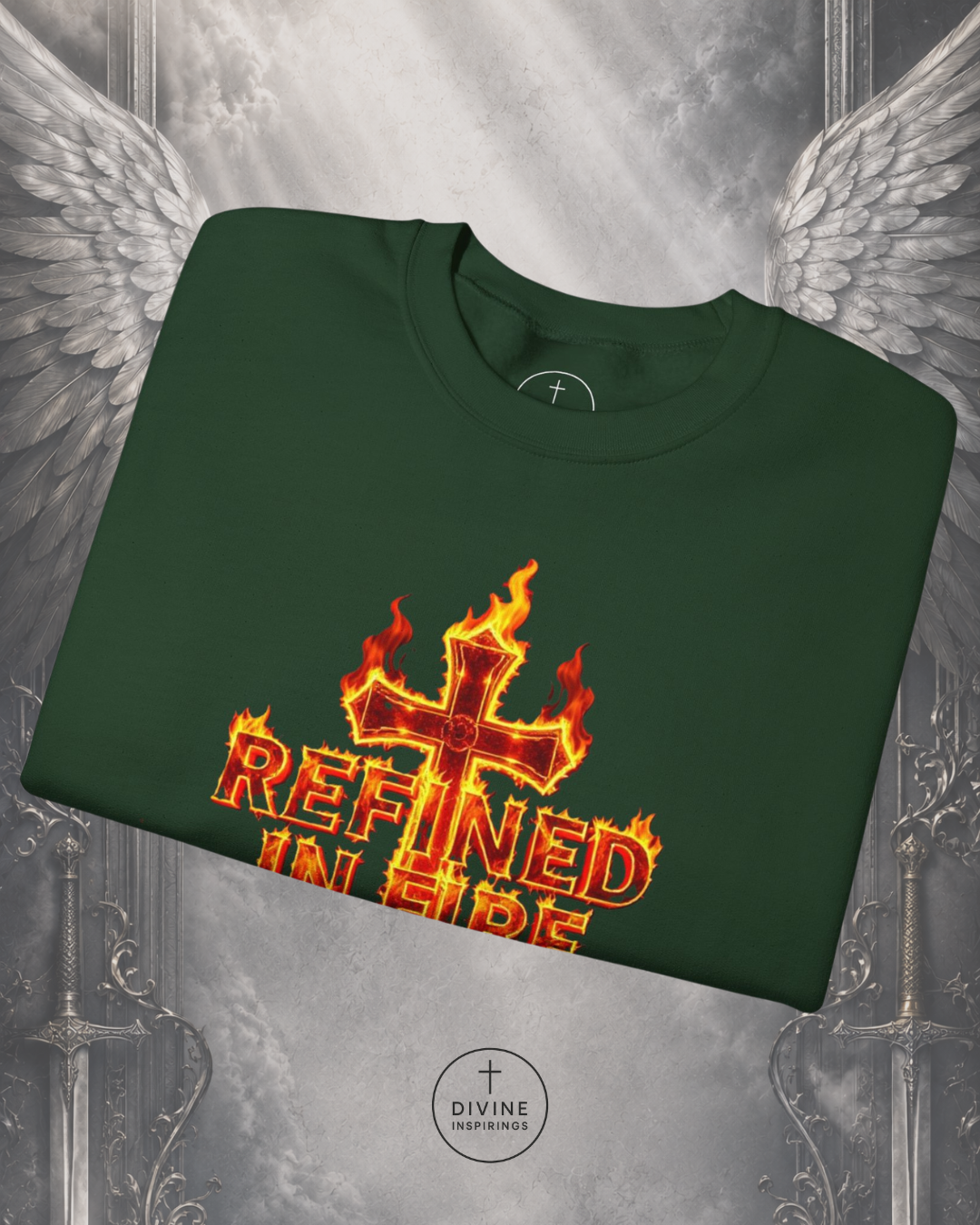 Green t-shirt with a fiery cross design and 'Refined in Fire' text on a decorative background.