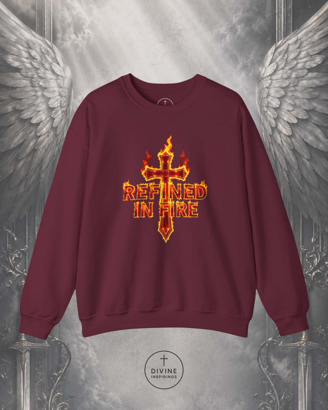 Maroon sweatshirt with 'Refined in Fire' design on a background with wings and a sword.