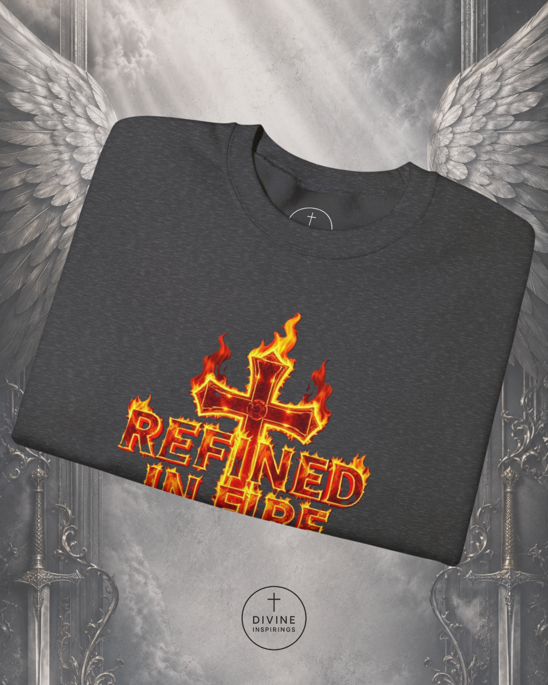 Dark gray t-shirt with a fiery cross design and 'Refined in Fire' text on a decorative background.