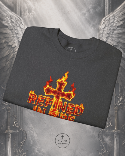 Dark gray t-shirt with a fiery cross design and 'Refined in Fire' text on a decorative background.