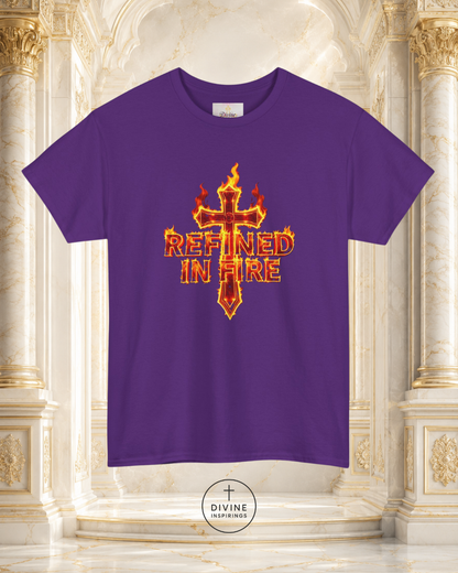 Purple t-shirt with a fiery cross design and 'Refined in Fire' text on a decorative background.