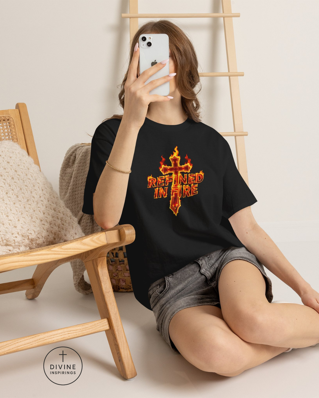 Person wearing a black t-shirt with 'Risen in Fire' design, sitting on the floor with a wooden chair and ladder in the background.
