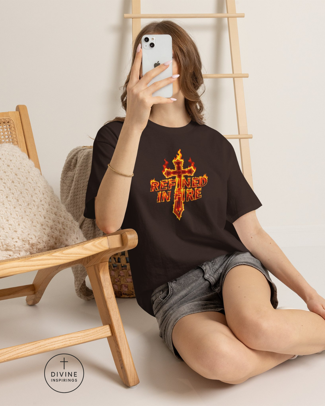 Person wearing a black t-shirt with 'Ripped in Fire' design, sitting on the floor with a wooden chair and ladder in the background.