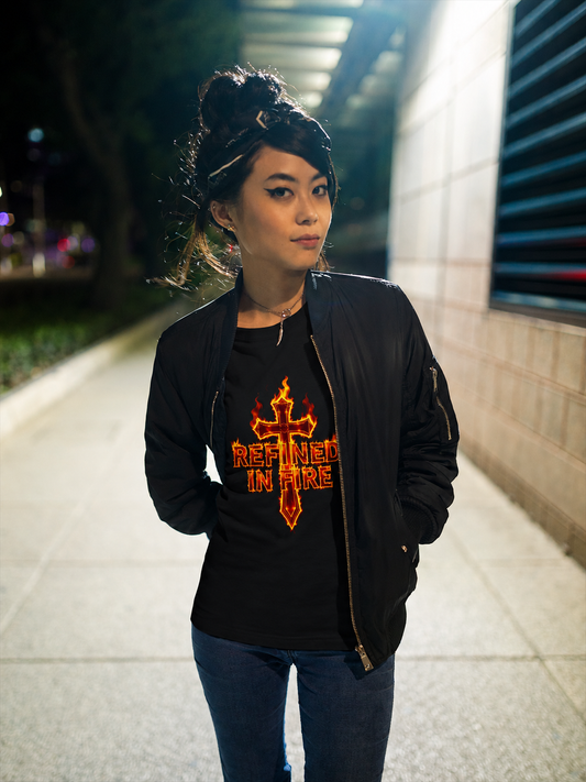 Person wearing a black jacket with a graphic design on a sidewalk
