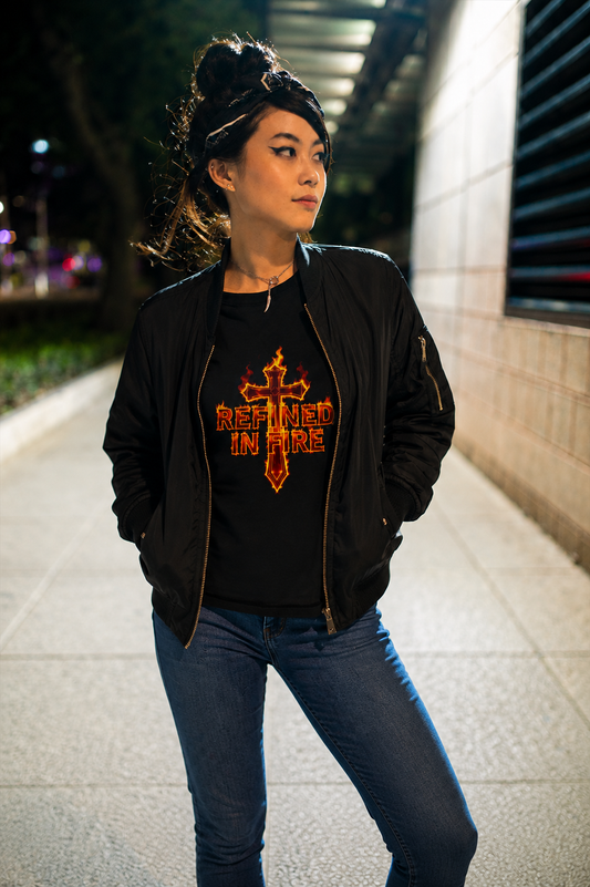 Person wearing a black jacket with a graphic design on a sidewalk at night.