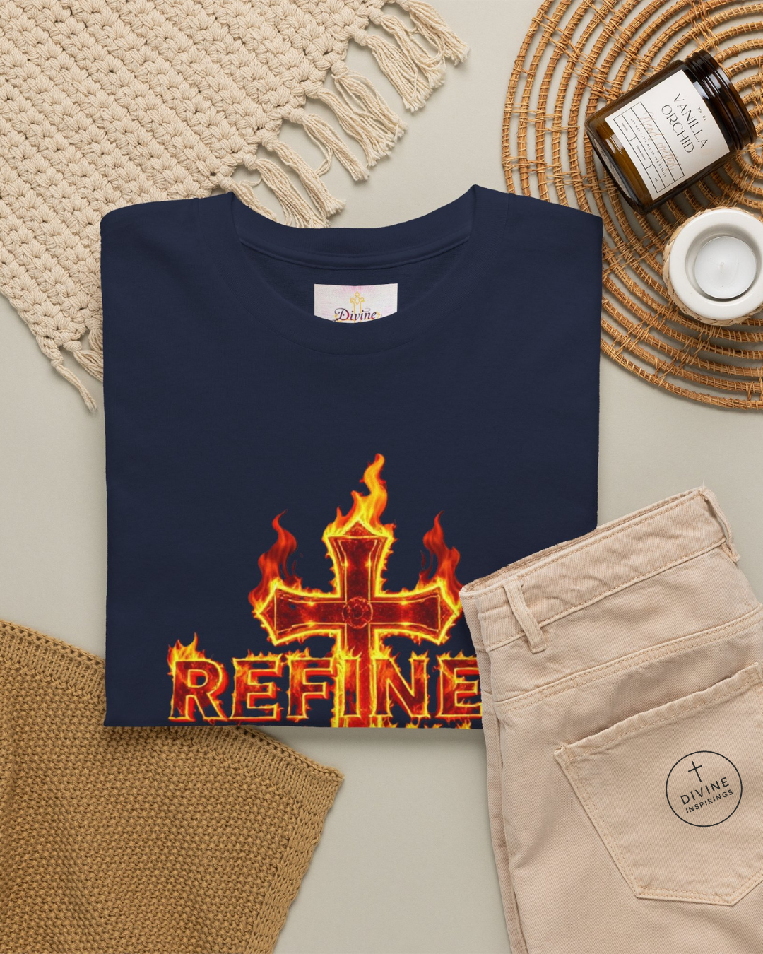 Navy blue t-shirt with a fiery cross design and 'REFINE' text, placed on a textured surface with accessories.
