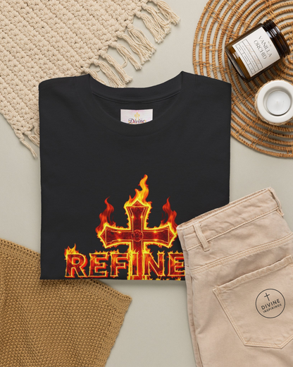 Black t-shirt with fiery cross design and 'REFINE' text, placed on a textured surface with accessories.