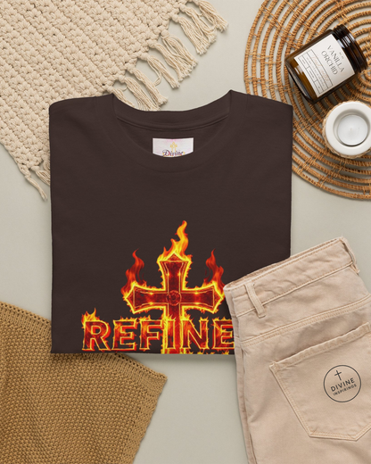 Black t-shirt with fiery cross design and 'REFINE' text on a textured surface with accessories.
