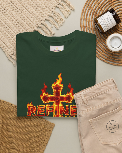 Green t-shirt with a fiery cross design and 'REFINE' text, placed on a textured surface with a bottle and container.