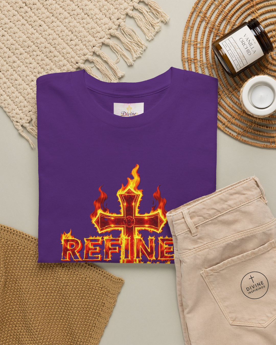 Purple t-shirt with a fiery cross design and 'REFINE' text, placed on a textured surface with accessories.