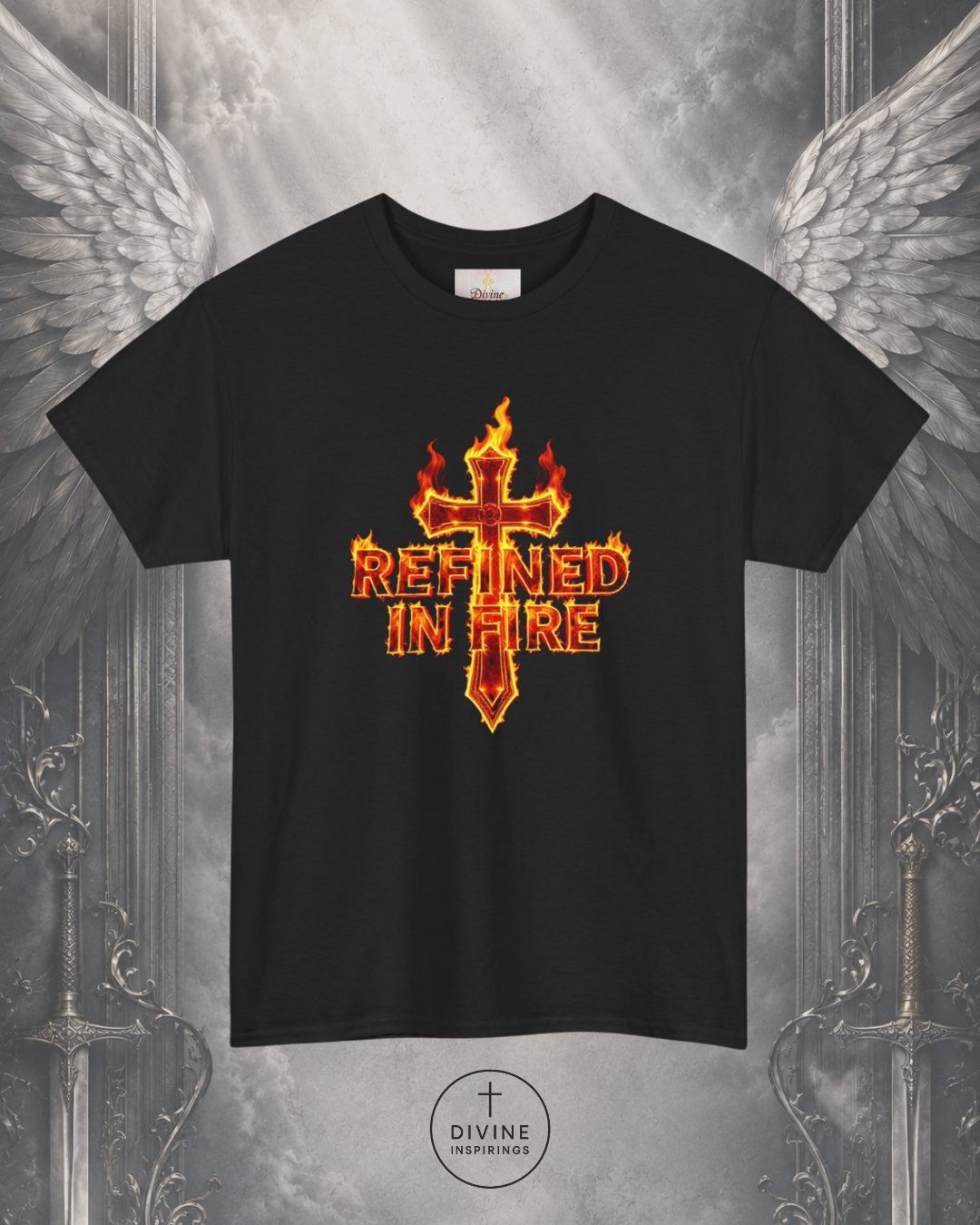 Black t-shirt with a fiery cross design and 'Refined in Fire' text on a decorative background.