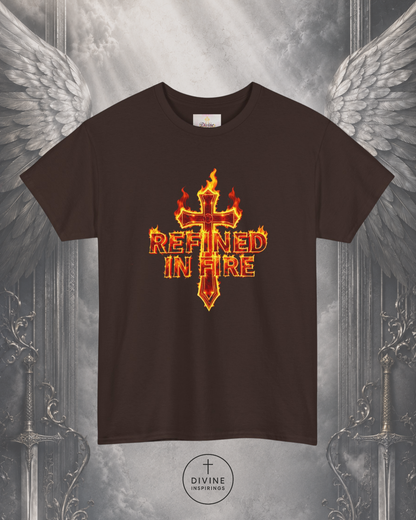 Brown t-shirt with a fiery cross design and 'Refined in Fire' text on a metallic background.