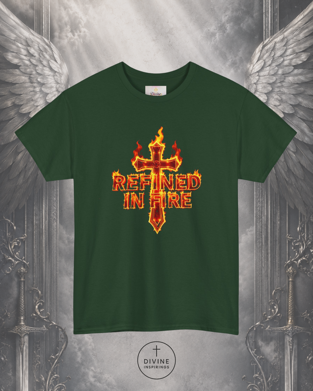 Green t-shirt with a fiery cross design and 'Refined in Fire' text on a metallic background.