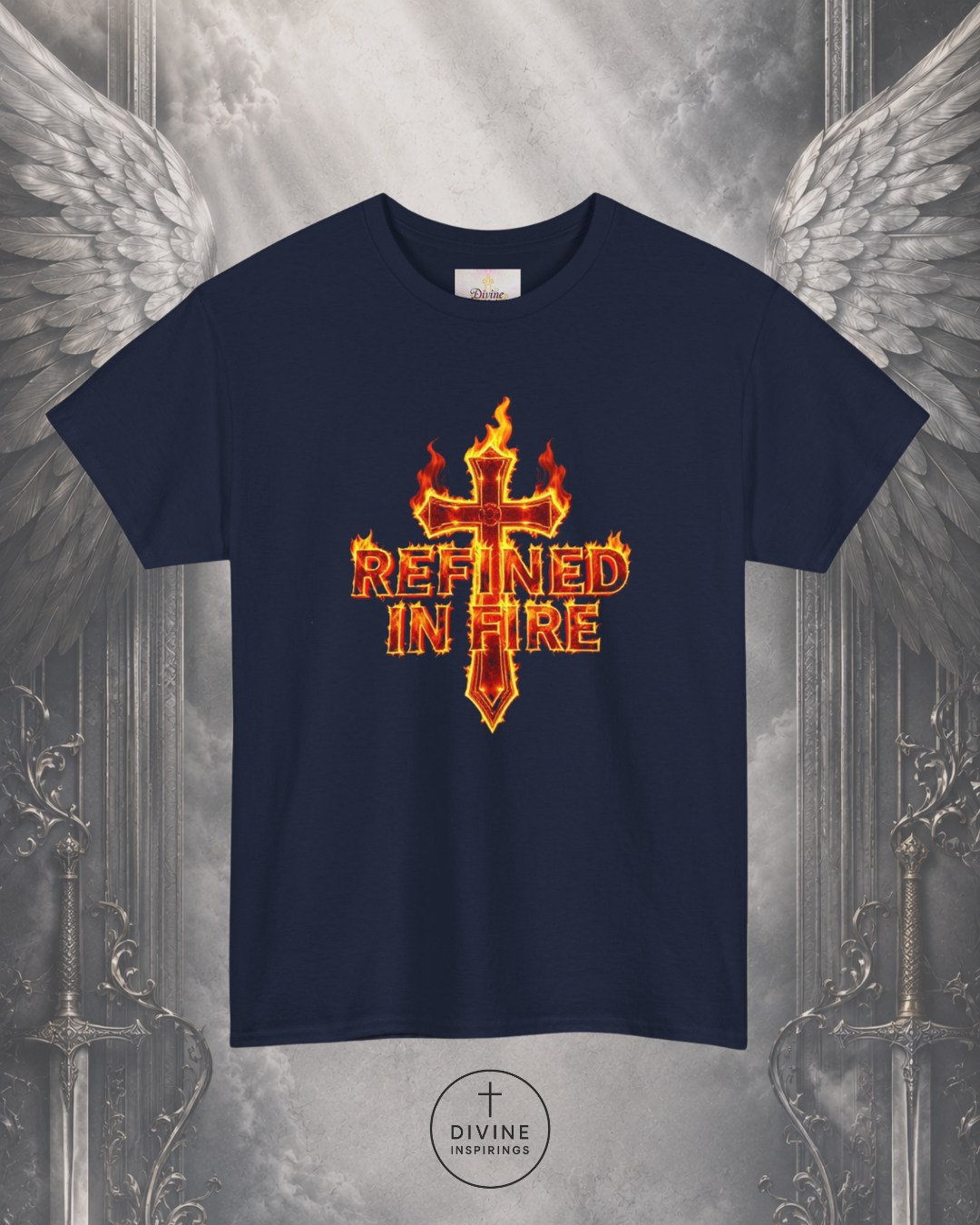 Navy blue t-shirt with a fiery cross design and 'Refined in Fire' text on a decorative background.