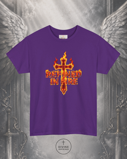 Purple t-shirt with a fiery cross design and 'Refined in Fire' text on a metallic background.