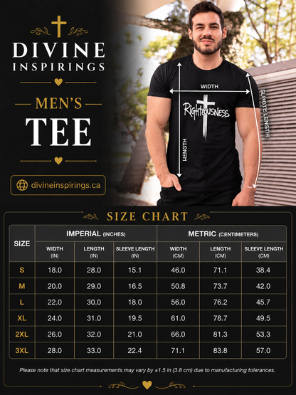 Man wearing a black t-shirt with a cross design, size chart for t-shirts, and brand name 'Divine Inspirings' displayed.
