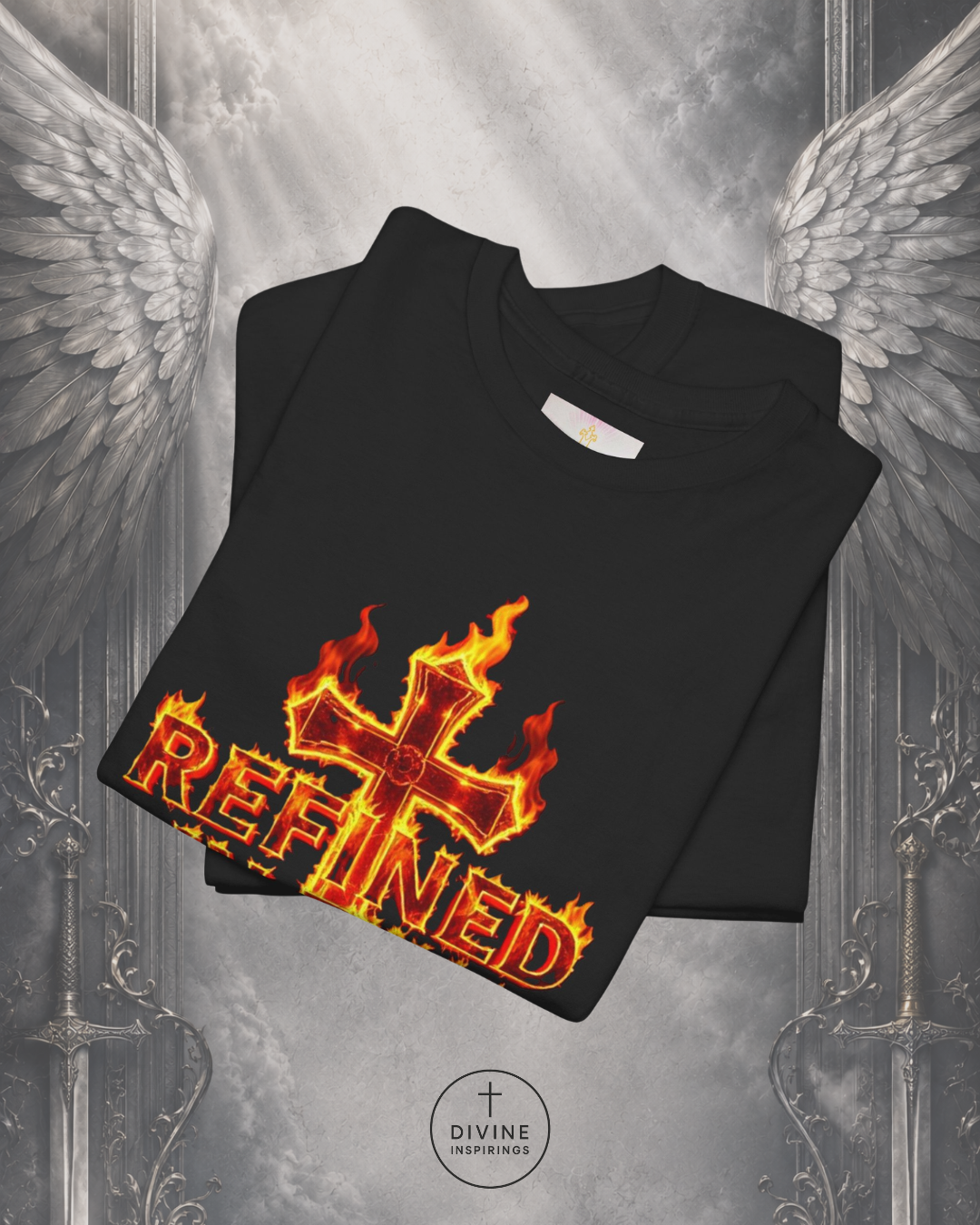 Black t-shirt with 'Refined' design on a gray background with angel wings.