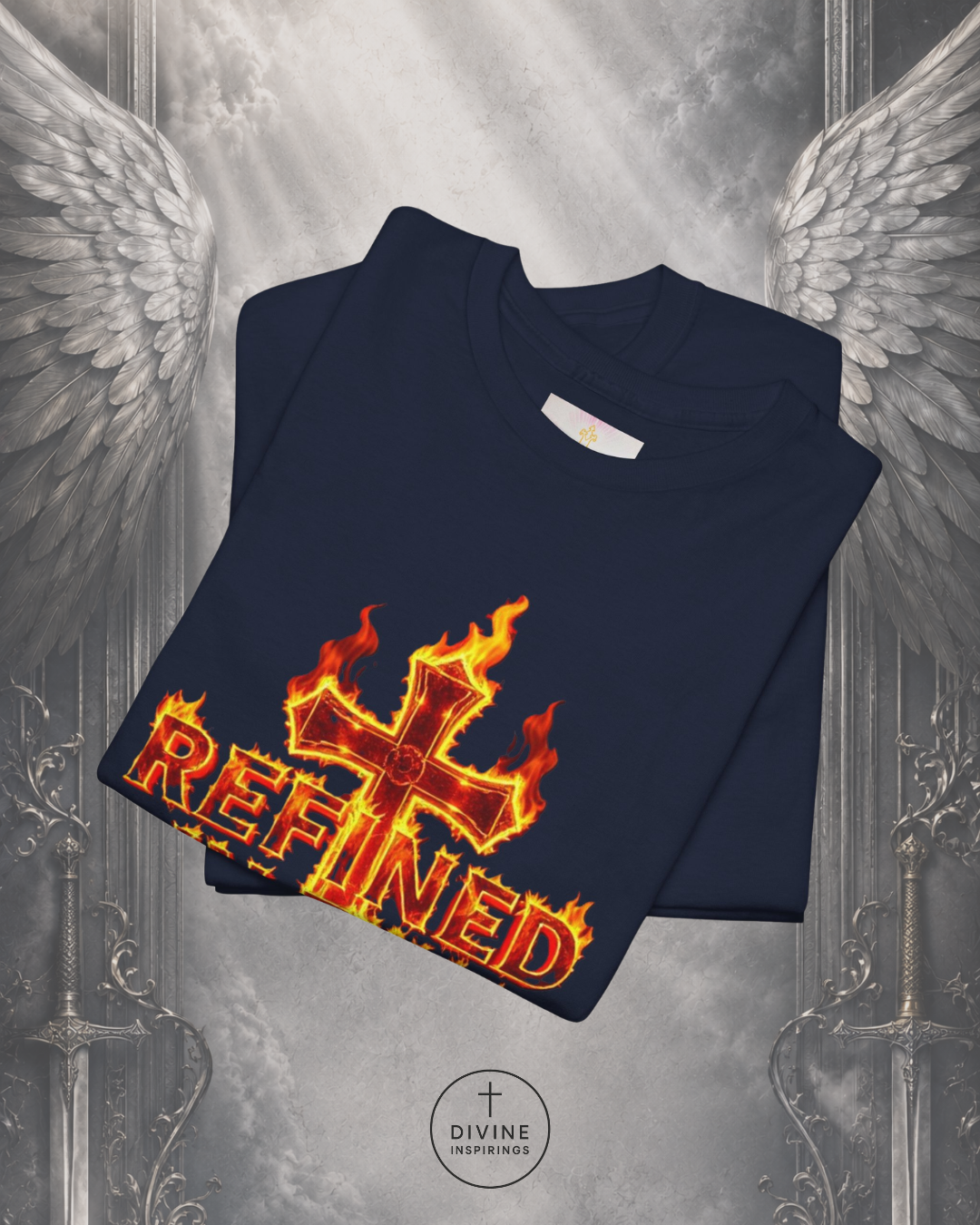 Navy blue sweatshirt with fiery cross design and 'Refined' text on a metallic background with wings.