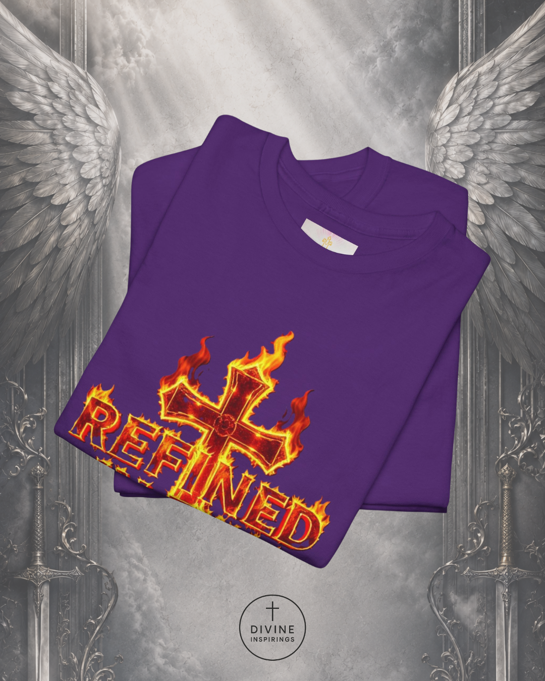 Purple t-shirt with a fiery cross design and 'REFINED' text on a metallic background with angel wings.