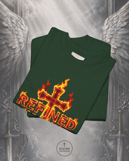 Green sweatshirt with 'REFINED' design on a gray background with angel wings.