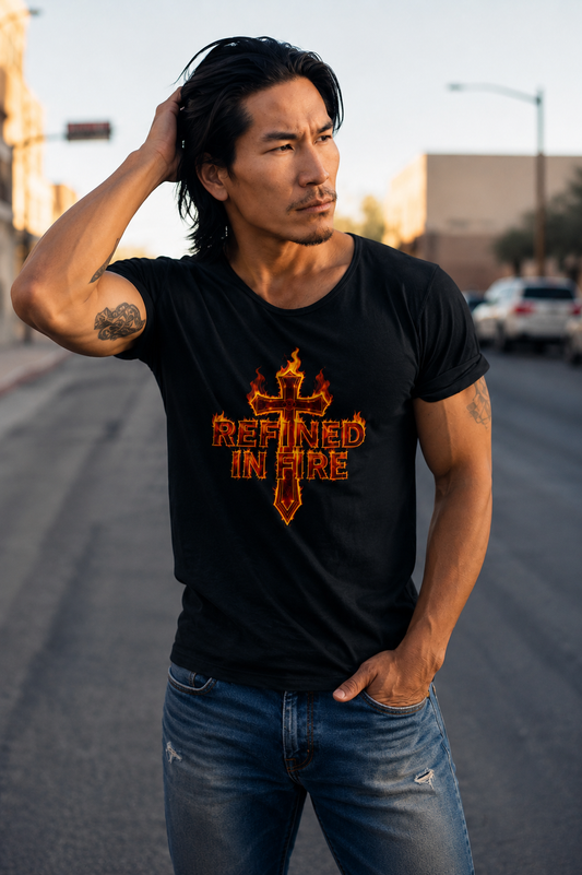 Man wearing a black t-shirt with 'Refined in Fire' design on a street.