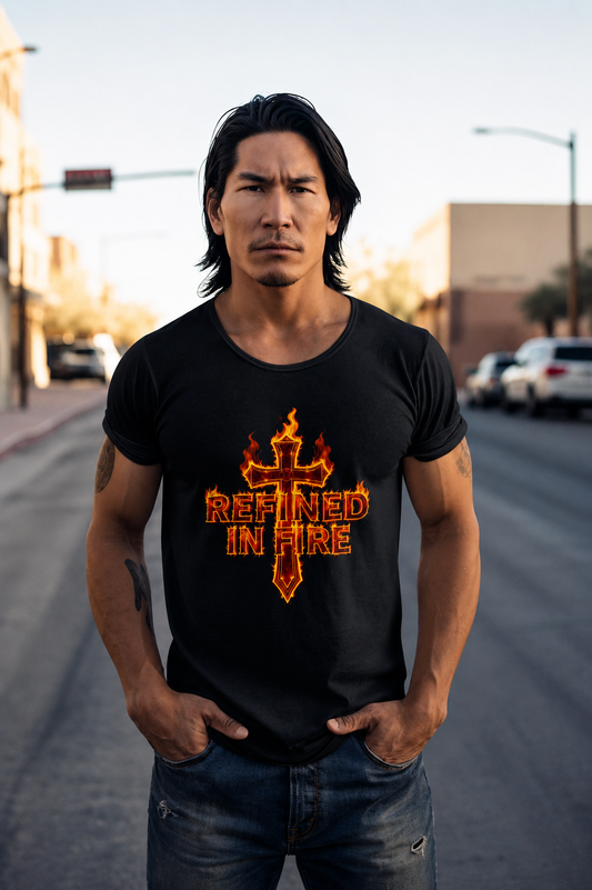 Man wearing a black t-shirt with 'Refined in Fire' design on a street.
