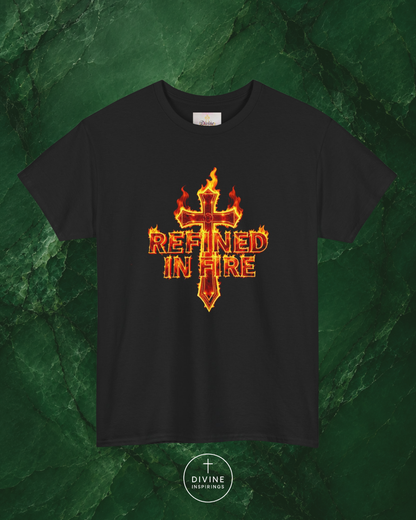Black t-shirt with a fiery cross design and 'Refined in Fire' text on a green textured background.