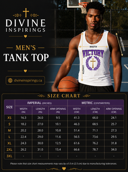 Man holding a basketball wearing a 'Width Victory' tank top with a size chart below on a dark background.