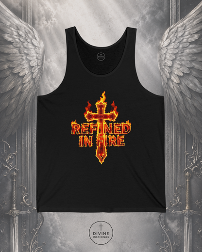 Black tank top with 'Refined in Fire' design on a gray background with angel wings.