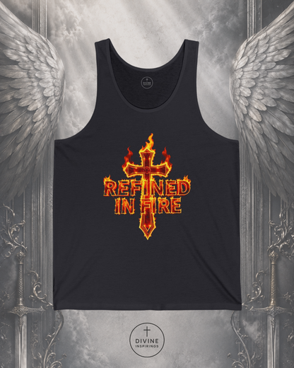 Black tank top with 'Refined in Fire' design on a decorative background