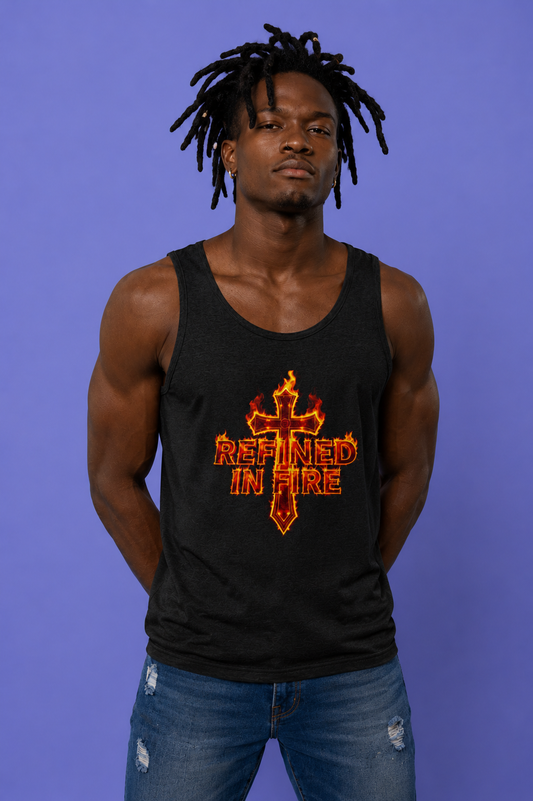 Man wearing a black tank top with 'Refined in Fire' design against a purple background