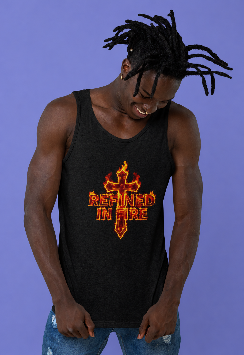 Person wearing a black tank top with 'Refined in Fire' design against a purple background