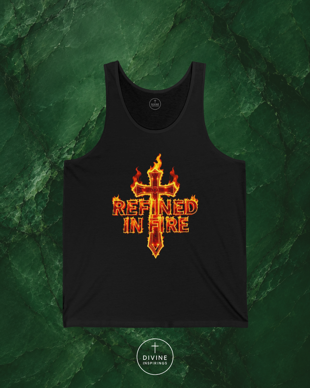 Black tank top with 'Refined in Fire' design on a green textured background