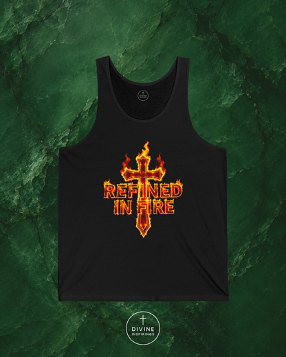 Black tank top with 'Refined in Fire' design on a green textured background