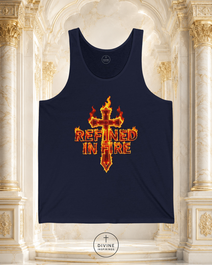 Black tank top with 'Refined in Fire' design on a decorative background