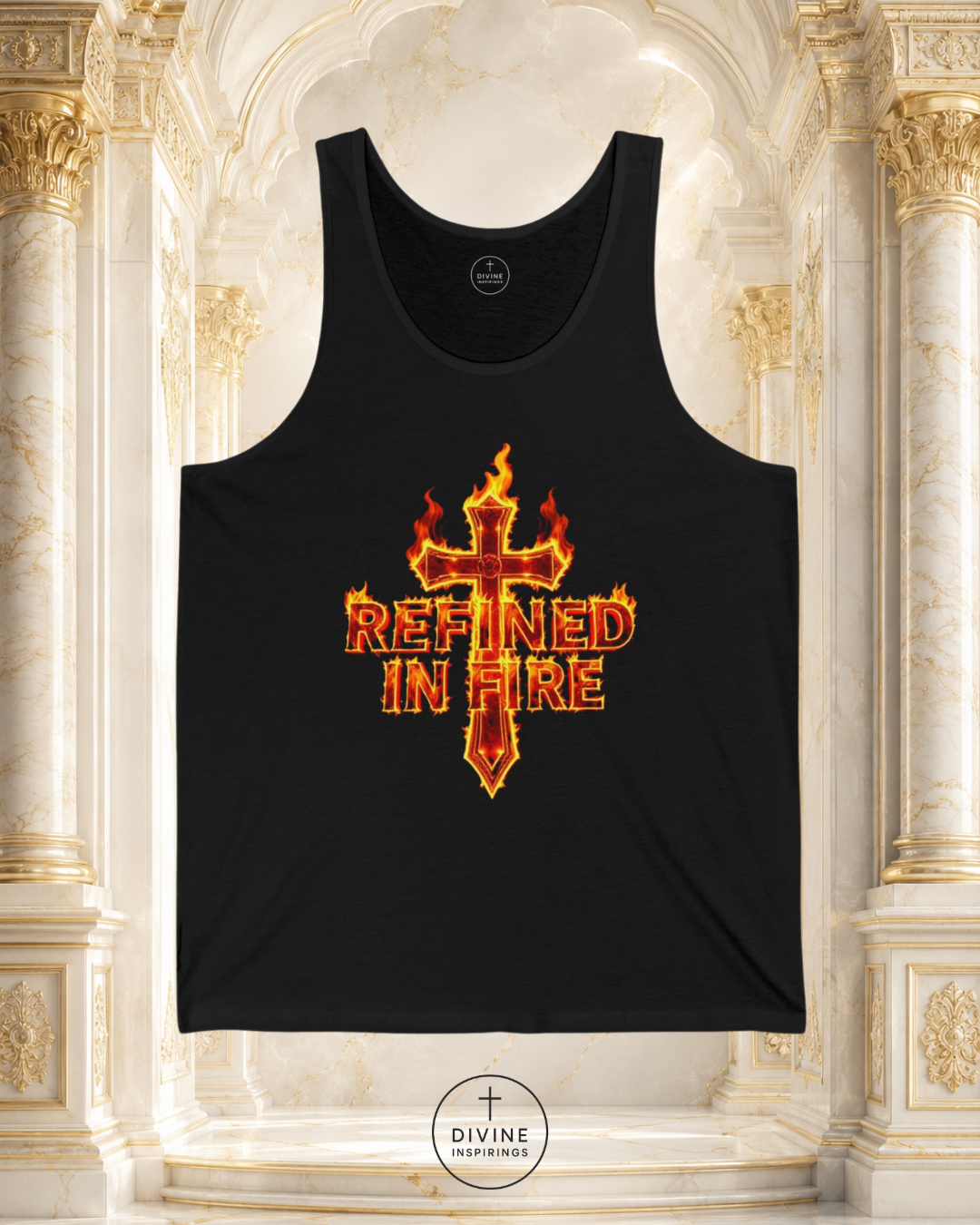 Black tank top with 'Refined in Fire' design on a decorative background